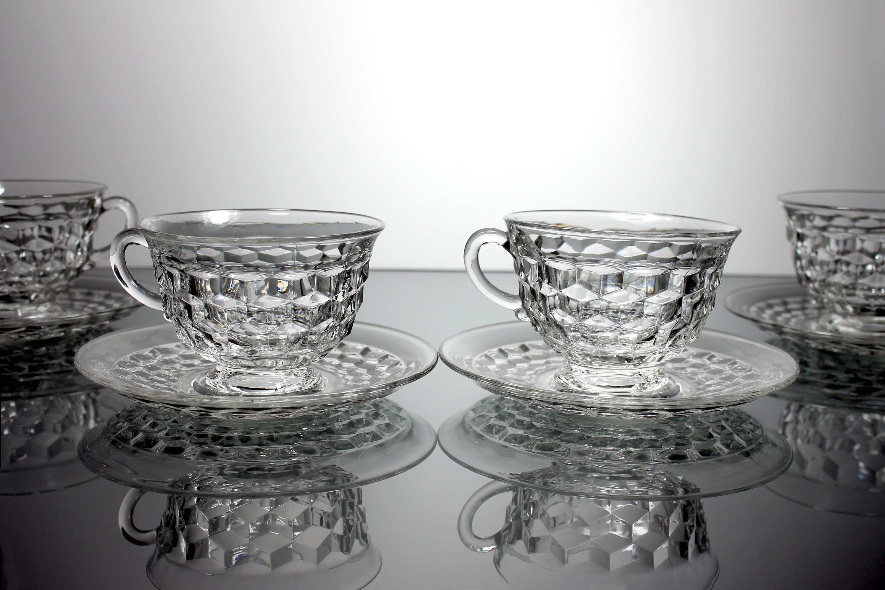 Footed Cups and Saucers, Fostoria, American, Set of 4, Clear Glass