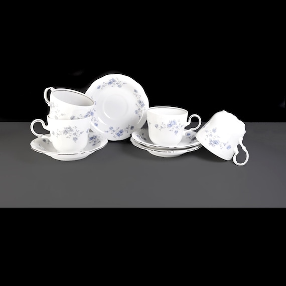 Johann Haviland Blue Garland Cups & Saucers Set of 4 – Bavaria Germany – Platinum Trim