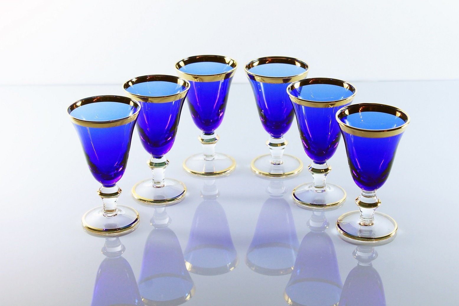 BRAZIL CRYSTAL COBALT BLUE WITH CLEAR BOWL STEMMED WINE GLASSES Set of 8