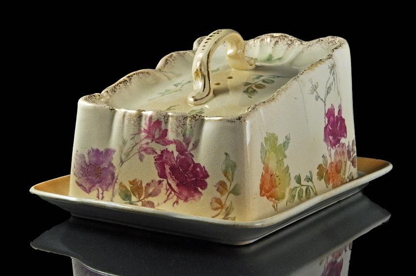 Antique Cheese Dish with Lid, F A Mehlem, Bonn, Germany, Cheese Keeper,  Floral, Brushed Gold Trim, Porcelain