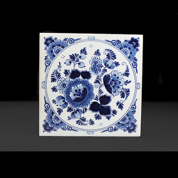 Blue Delft Tile, Square, Floral, 6 Inch, Hand Painted, Decorative Tile