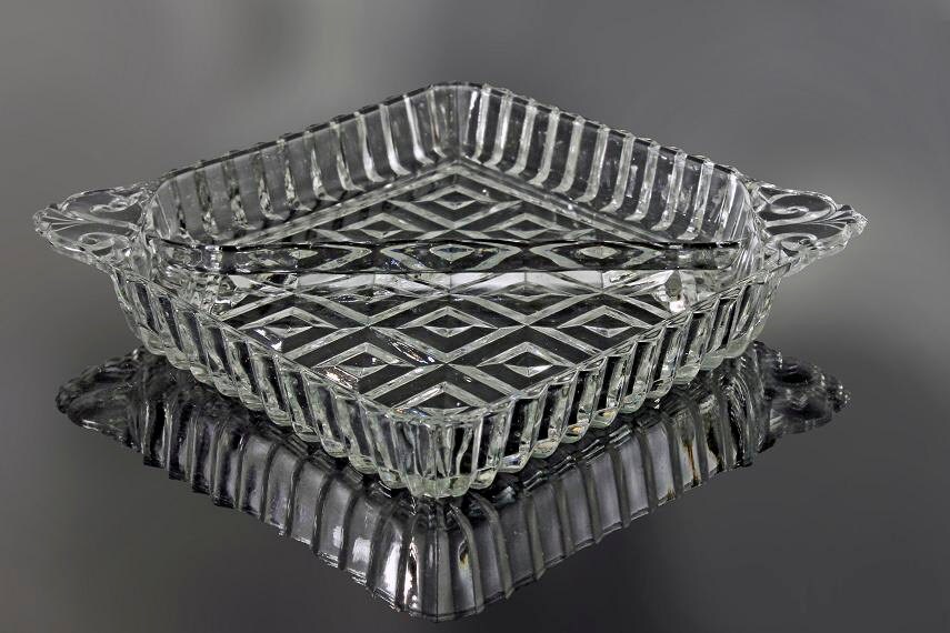 Square Divided Tray, 2 Handles, Cube Design, Pressed Glass, 2 Sections