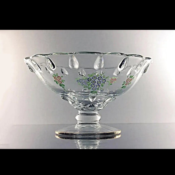 Hand Painted Pedestal Compote, Clear Glass, Teardrop Pattern, Floral Design, Centerpiece