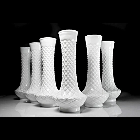 Milk Glass Vases, Diamond Pattern, 9 Inch, Set of 6, Wedding Decor