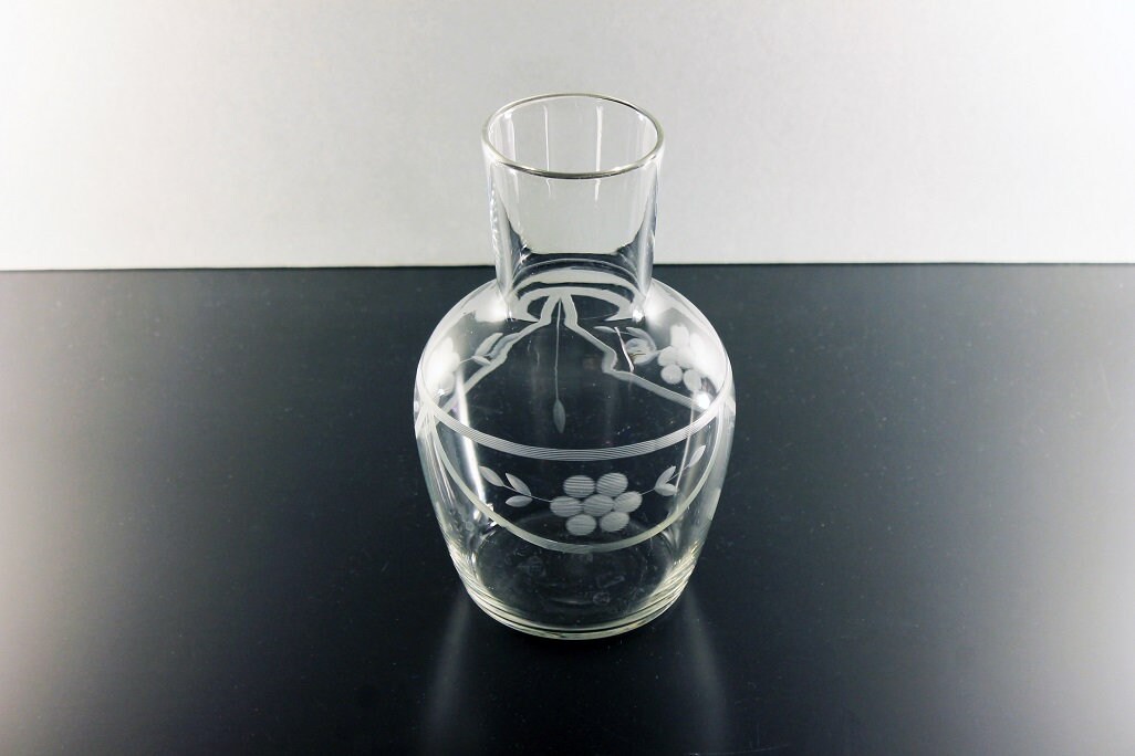 Etched Glass Carafe, Wheel Cut, Decanter, Daisy Pattern, Clear Glass