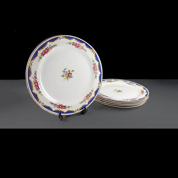 Salad Plates, Homer Laughlin, Eggshell Nautilus, Blue Band with Flowers, Set of 6, Gold Trim, Dinnerware