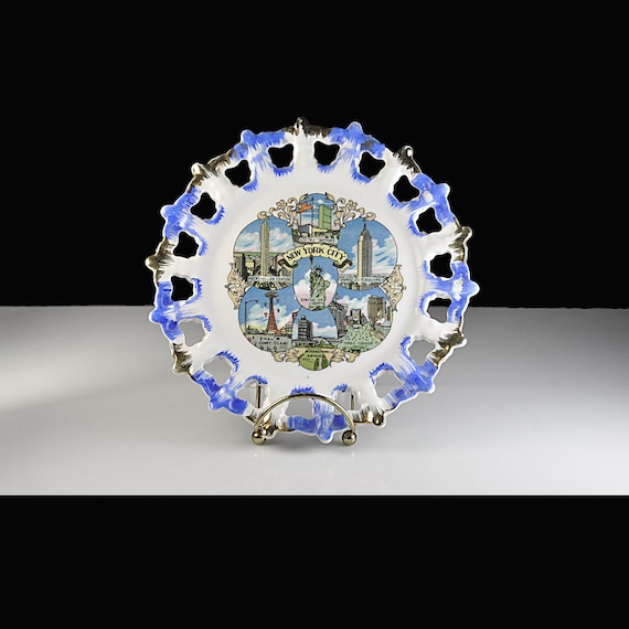 Vintage New York City Souvenir Plate, Reticulated Border Plate, NYC Landmarks