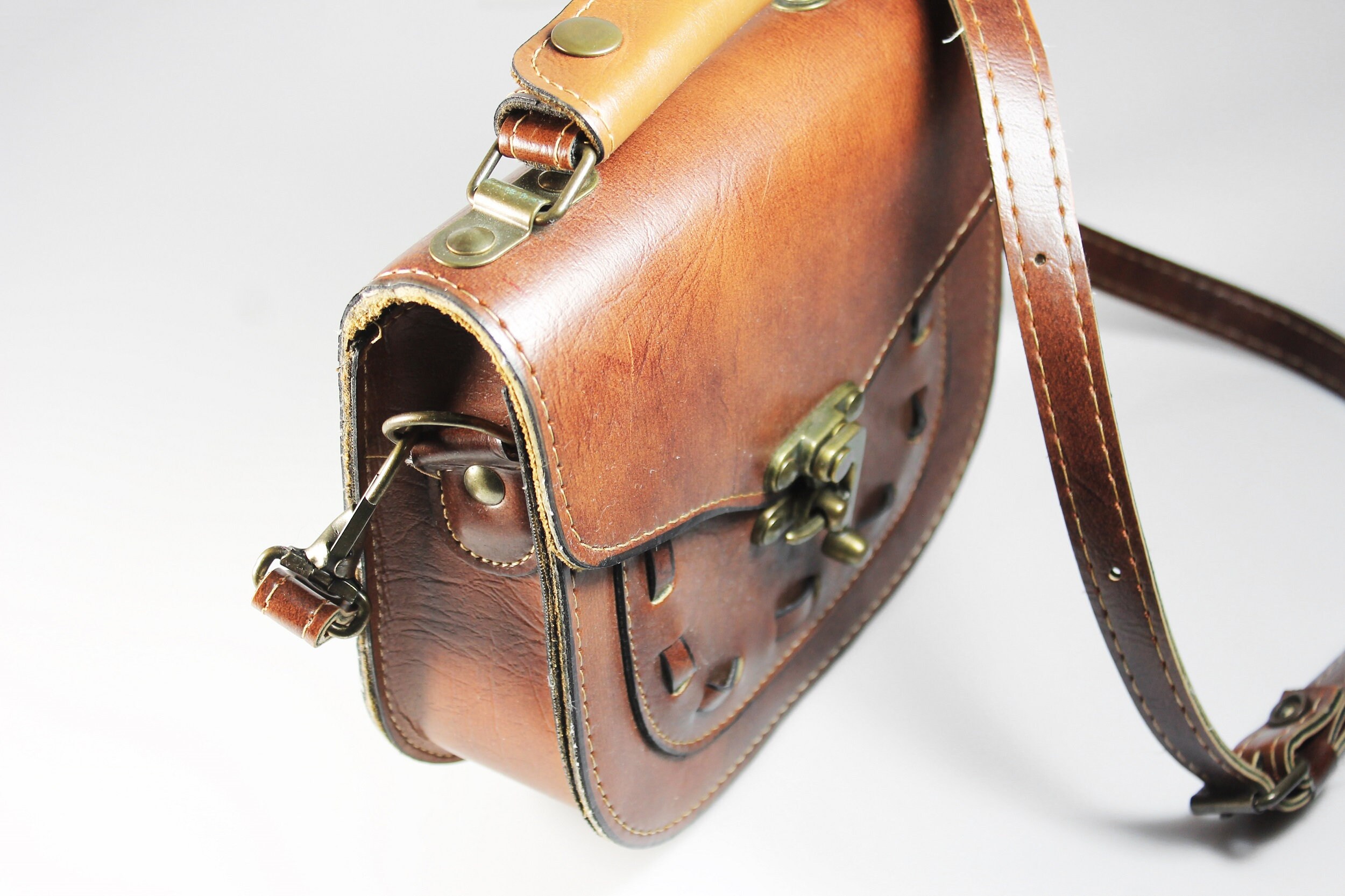 Brown Leather Saddle Bag, Shoulder Bag, Top Handle, Brass Hardware