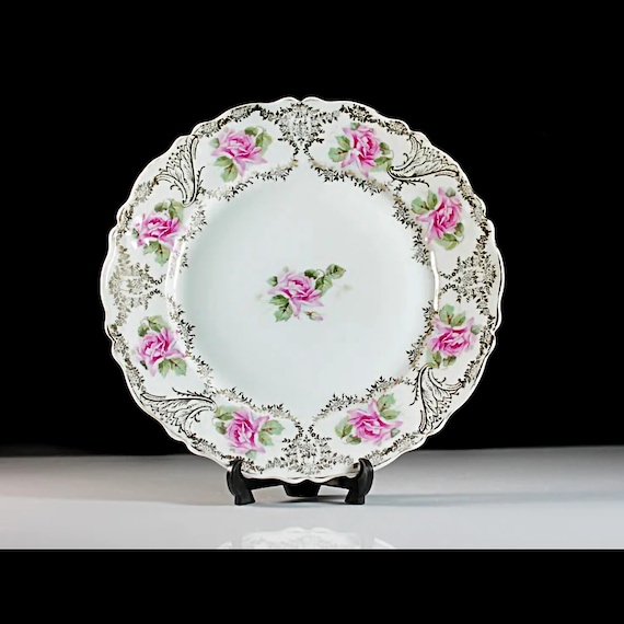 Antique Salad Plate, C Tielsch (Altwasser), Pink Rose Floral Pattern, Collectible, Gold Scroll Trim, Scalloped Edge