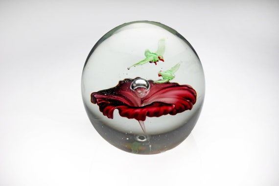 Art Glass Paperweight, Morning Glory and Birds, Controlled Bubble, 3 Inch, Round