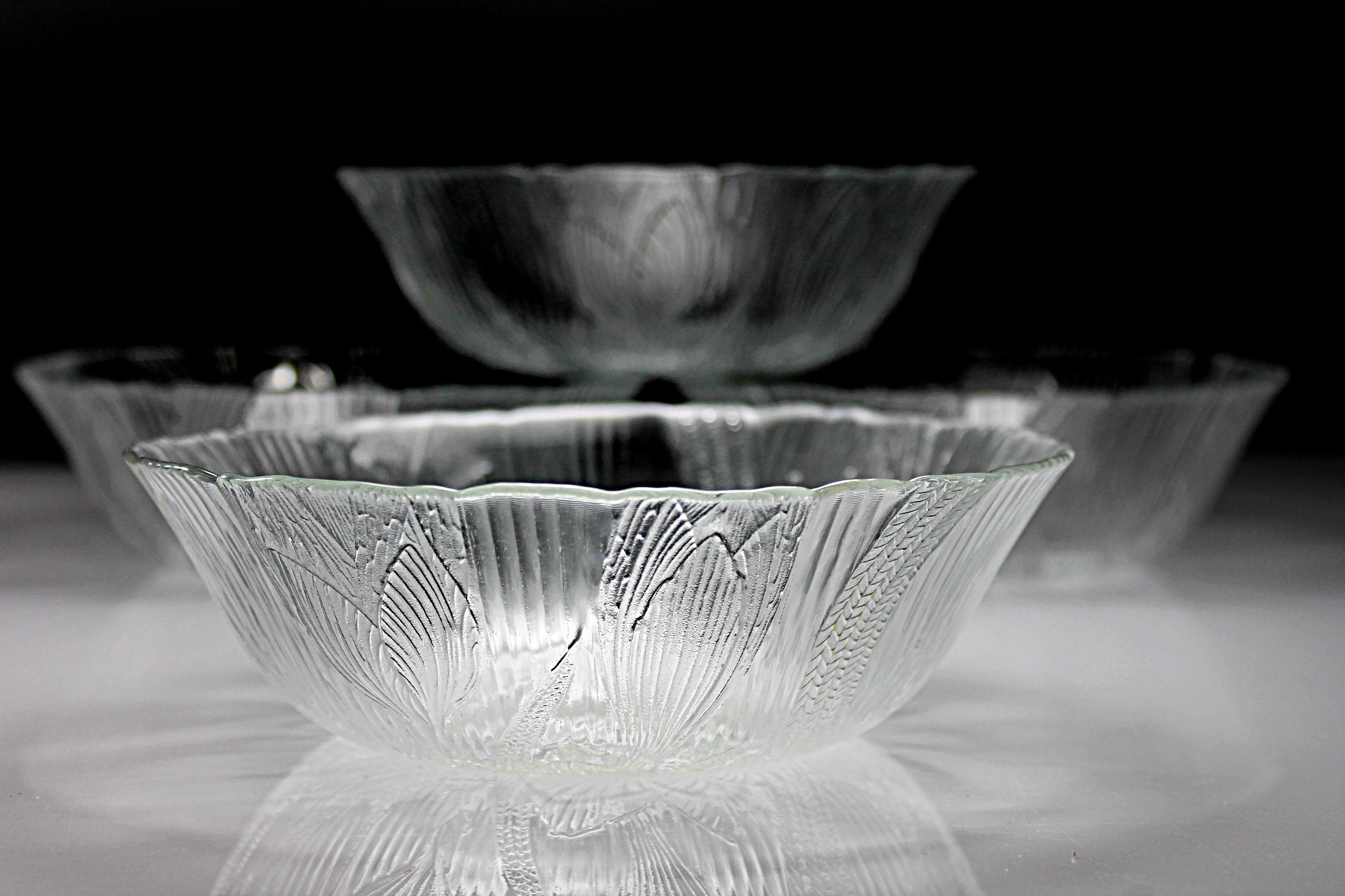 Arcoroc Salad Bowls, Canterbury, Floral Pattern, Pressed Glass, Clear