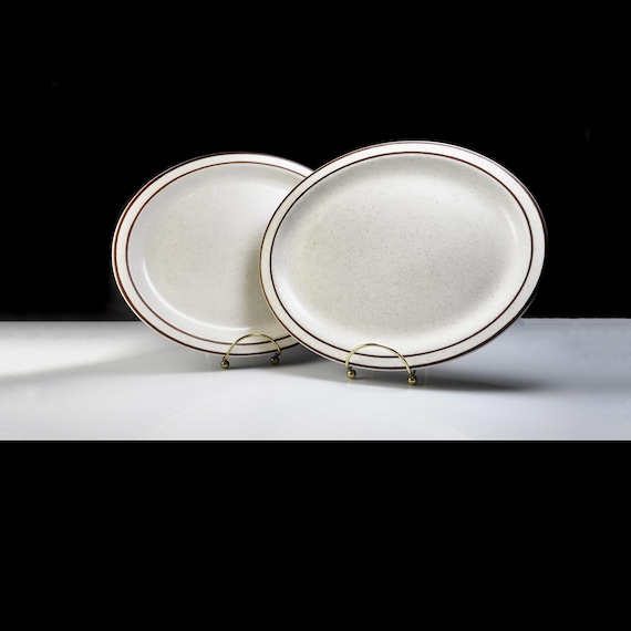 Pair of Vintage Buffalo by Oneida China Oval Platters – 11 Inch Heavy Restaurant China with Brown Band – Ironstone Diner Style