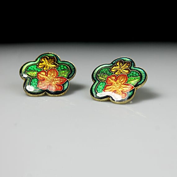 Cloisonné Post Earrings, Floral, Enamel, Jewelry, Costume Jewelry, Fashion Jewelry, Collectible