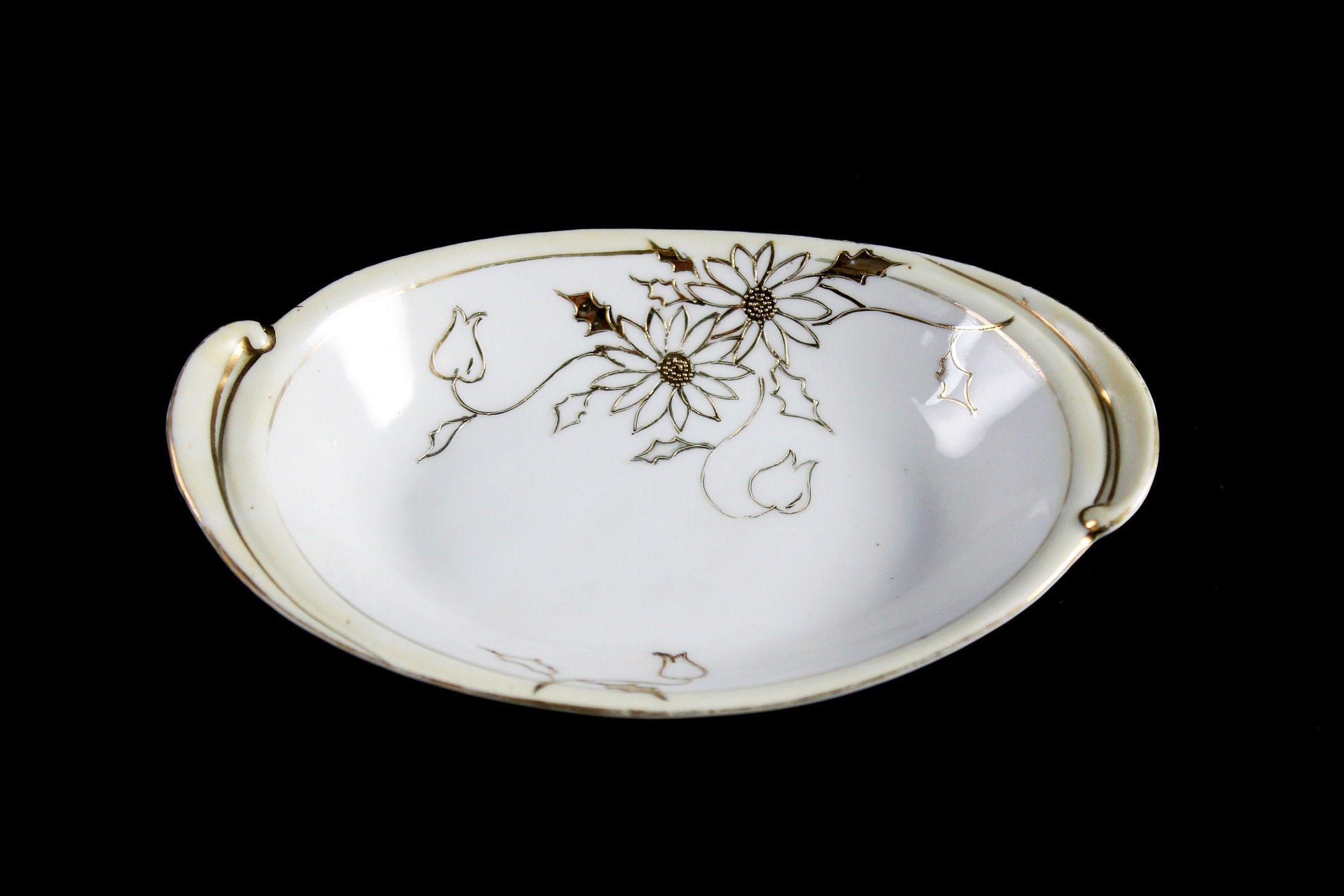 Antique porcelain NIPPON RISING SUN oval dish gold scrollwork flowers