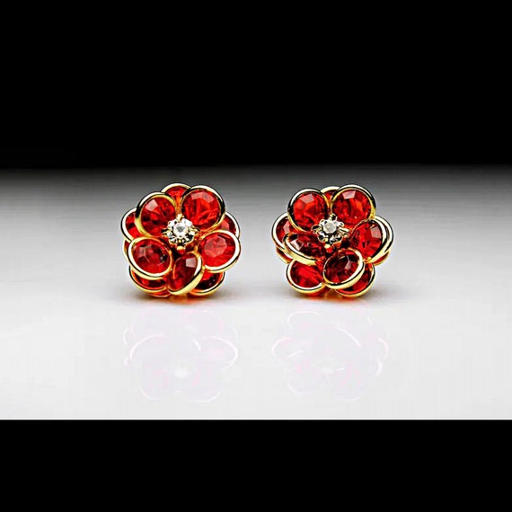 Avon Red Flower Earrings, Clip-On, Goldtone, Rhinestone, Womens Gift