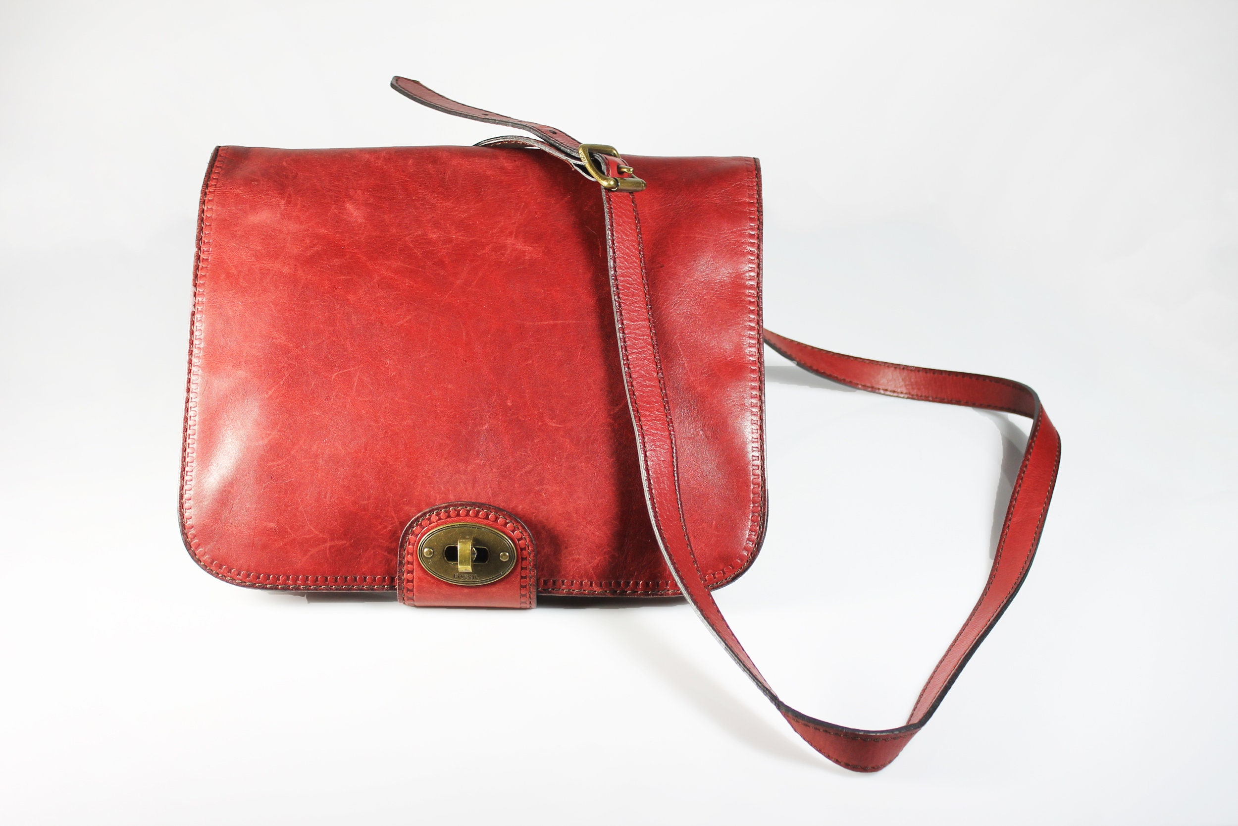 Red Leather Crossbody Bag, Fossil Keyhole, Shoulder Bag, Saddle Bag ...