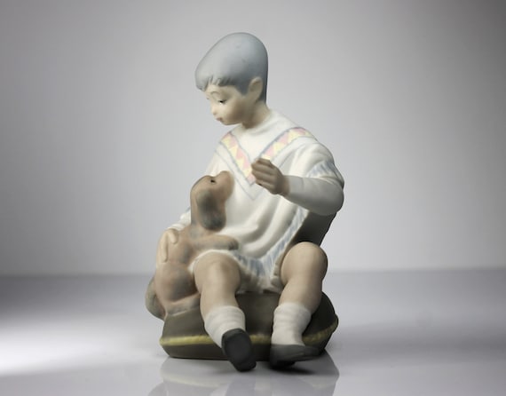 Boy and Dog Figurine, Spanish Bisque Porcelain, 7 Inch, Collectible
