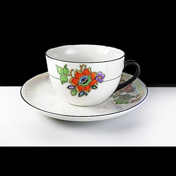 Antique Cup and Saucer, Teacup, Z S & Co. Bavaria, Lusterware, Floral, Black Trim, Fine China