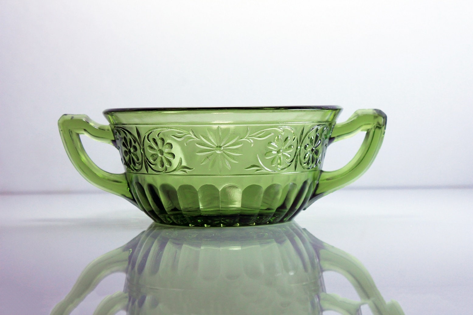 Cream Soup Bowl, Indiana Glass, Daisy Green, Handled Bowl, Pressed