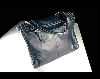 Black Tote Bag, Handbag, Shoulder, Faux Leather, Zippered Side Compartment, Large Bag, Faux Leather, Phone Pocket, Carry All, Silver Buckles