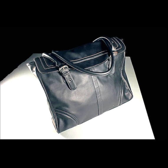Black Tote Bag, Handbag, Shoulder, Faux Leather, Zippered Side Compartment, Large Bag, Faux Leather, Phone Pocket, Carry All, Silver Buckles