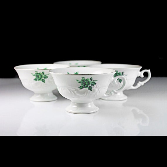 Footed Teacups, Walbrzych China, Made in Poland, Green Rose, White China, Embossed, Gold Trim, Set of 4, No Saucers