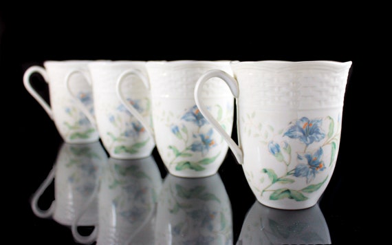 Mugs, Lenox, Butterfly Meadow, Set of 4, Basket Design, 12 Ounce, White, Floral, Discontinued