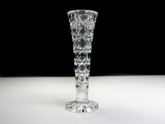 Footed Bud Vase, Indiana Glass, Royal Brighton, Button and Cane, 6 Inch Vase, Pressed Glass