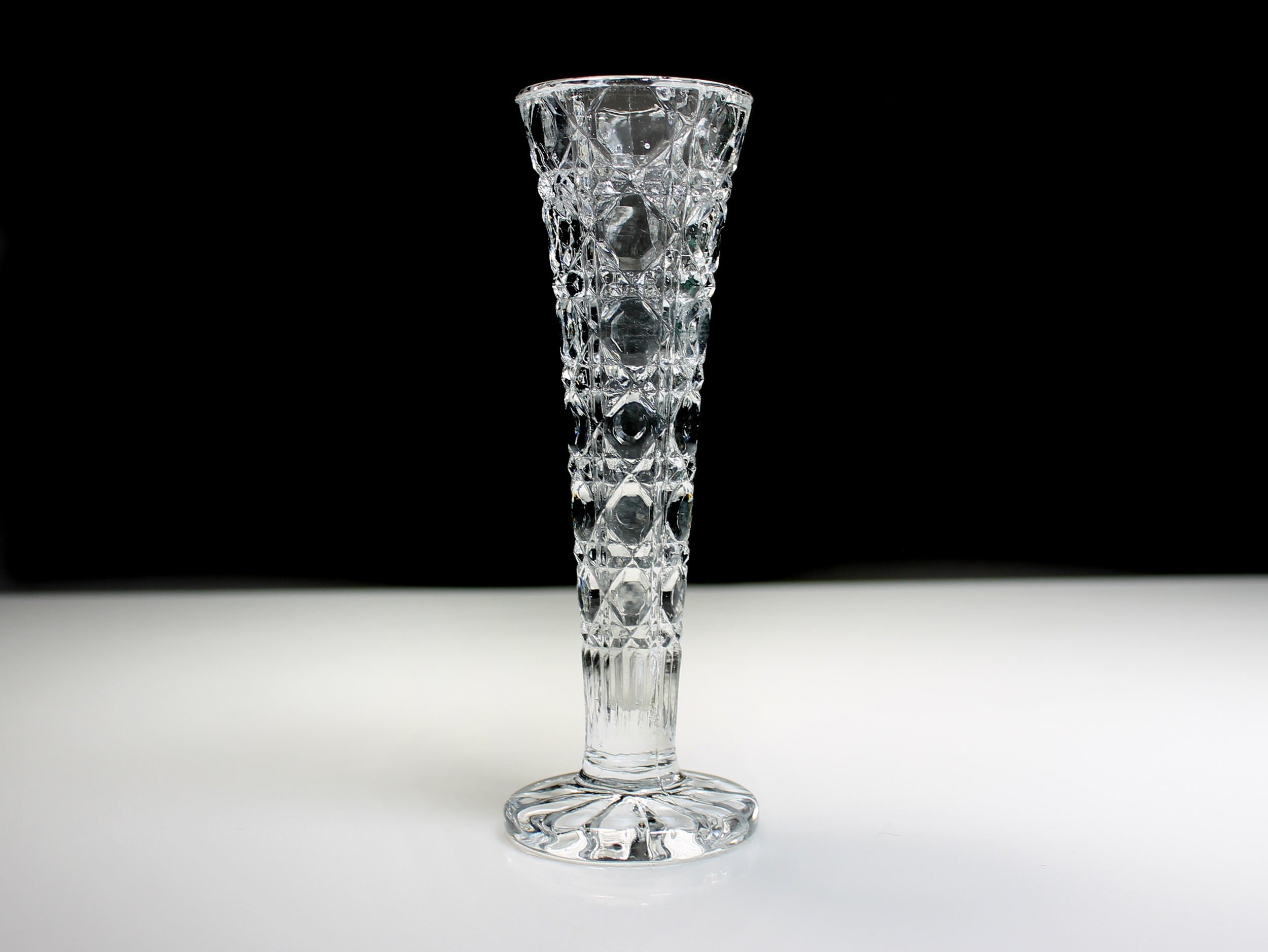 Footed Bud Vase, Indiana Glass, Royal Brighton, Button and Cane, 6 Inch