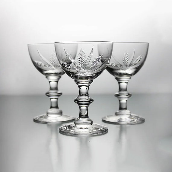 Hawkes Crystal Cocktail Glasses, Signed, Wheat Polished, American Brilliant, Antique Hand Cut Glass, Set of 3, Barware