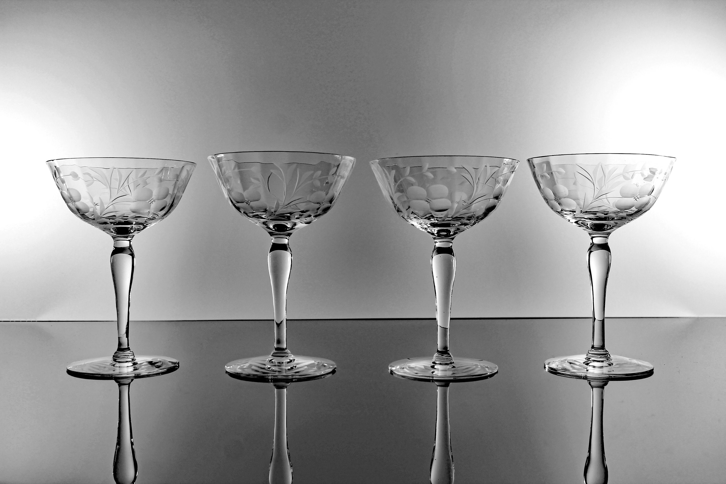 Wheel Cut Champagne Glasses, Wine Glasses, Coupe, Optic, Floral and