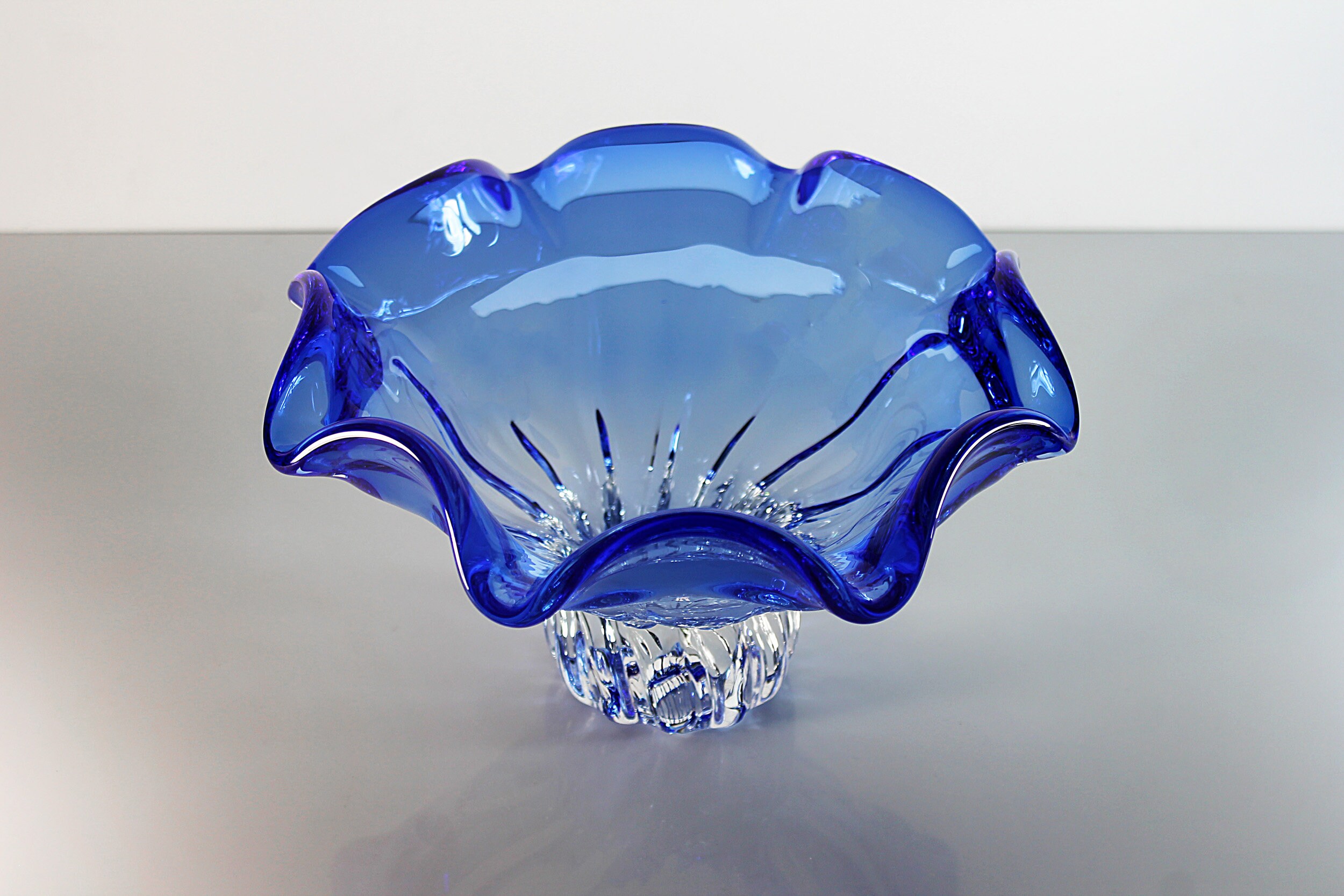 Art Glass Compote Bowl, Display Bowl, Blue and Clear Glass, Decorative