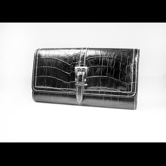 Faux Crocodile Tri-fold Wallet, Woman's Wallet, Black, Zippered Side Pocket, Snap Closure, Card Slots, Window Slot