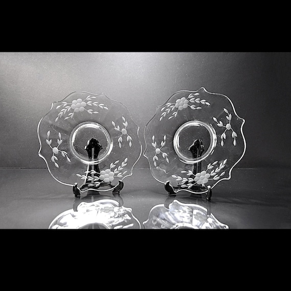 Vintage Standard Cut Elegant Depression Glass Plates, 1930s, Wheel Cut Floral, Set of 2