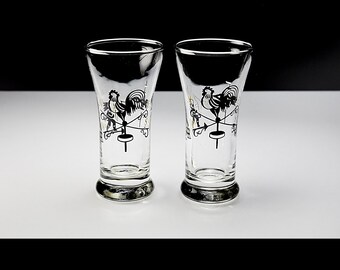 Libbey Double Shot Glasses - Rooster Weathervane & Archer Design - 4 oz Collectible Barware - Mid-Century Americana - Set of 2