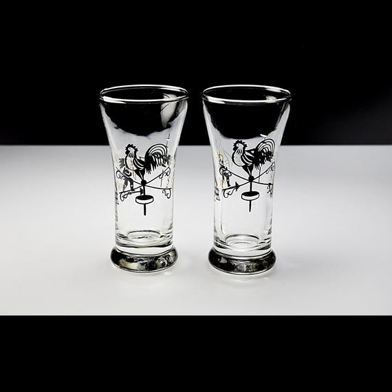 Libbey Double Shot Glasses - Rooster Weathervane & Archer Design - 4 oz Collectible Barware - Mid-Century Americana - Set of 2
