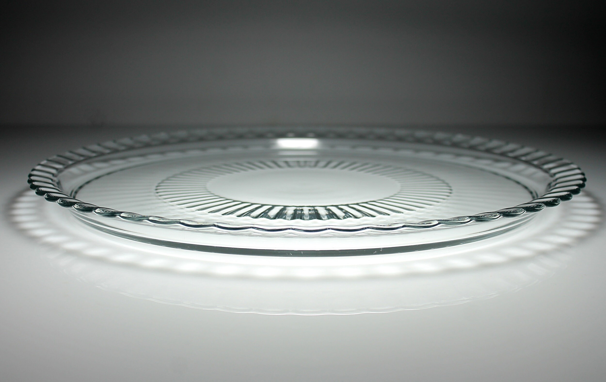 Clear Glass Sandwich Plate, Glass Platter, Ribbed, Scalloped Edge, 12