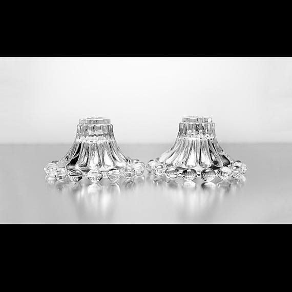 Anchor Hocking Boopie Candle Holders – Berwick Pattern Glass – 1950s Mid-Century Pair – Clear Glass Bubble Base Candlesticks