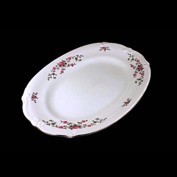 Oval Platter, Chodziez Poland China, Linda Pattern, Pink Roses, Embossed, Serving Platter, Gold Trimmed