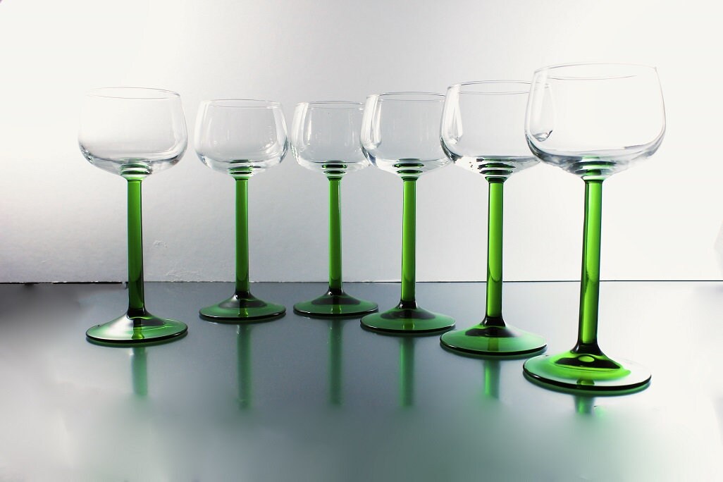 Vintage French 'Luminarc' Green Stem Wine Glasses in Original Box- Set of 6