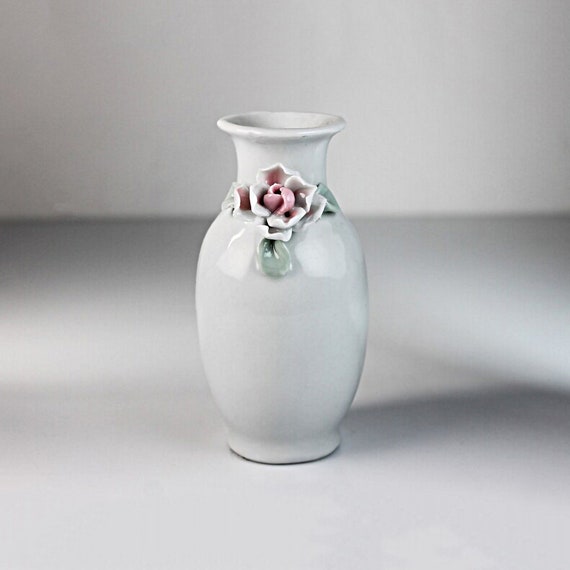 Miniature Raised Rose Vase, White and Pink, Hand Painted, 4 Inch