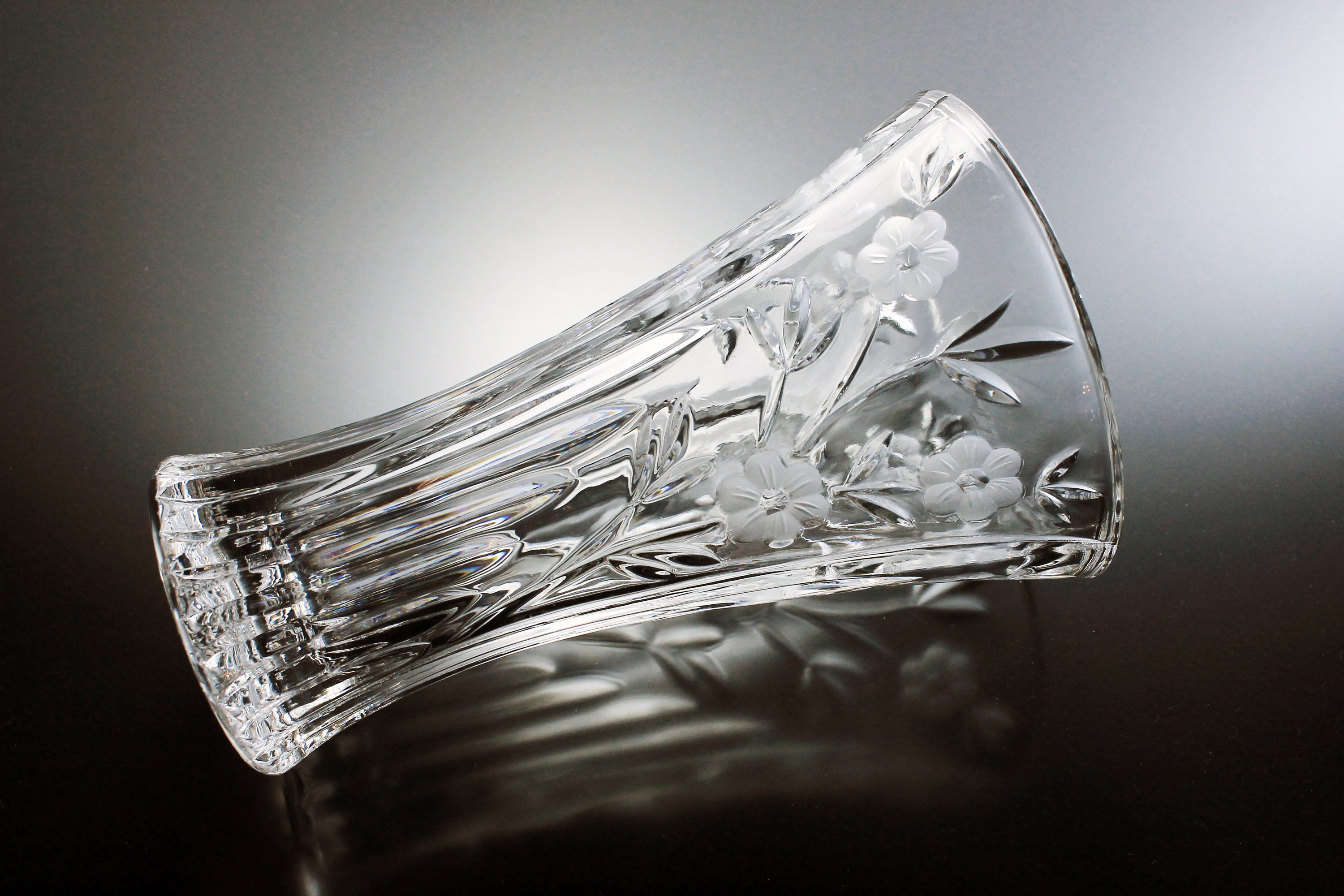 Crystal Vase, Frosted Flowers and Ribs, Heavy, Large, Wedding Gift