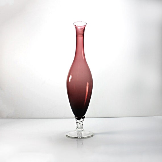 Amethyst Bud Vase, Hand Blown Glass, Clear Glass Swirled Stem, Pedestal, Large, Purple Vase, 13 Inch