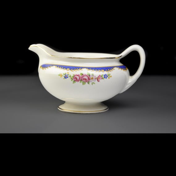 Homer Laughlin Footed Creamer - Eggshell Nautilus, Blue Band with Pink Roses, Gold Trim, Fine China
