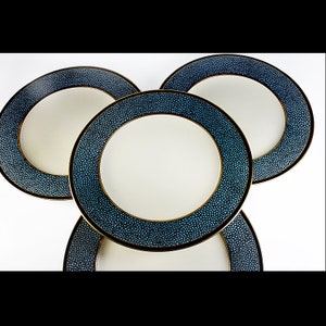 Platos llanos, Mikasa, Ebony Flair, Fine Ivory China, Blue Spots, Juego de 4, Descontinuado