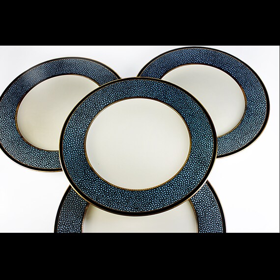 Dinner Plates, Mikasa, Ebony Flair, Fine Ivory China, Blue Spots, Set of 4, Discontinued