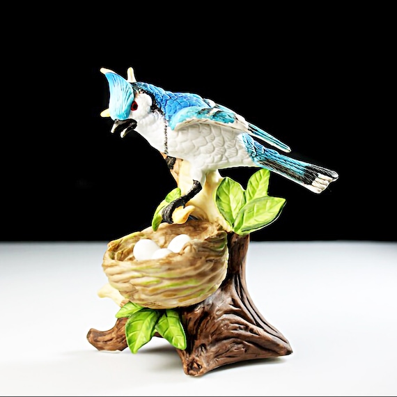 Blue Jay Bird Figurine, Bird With Nest and Eggs, 6 Inch, Nature Art