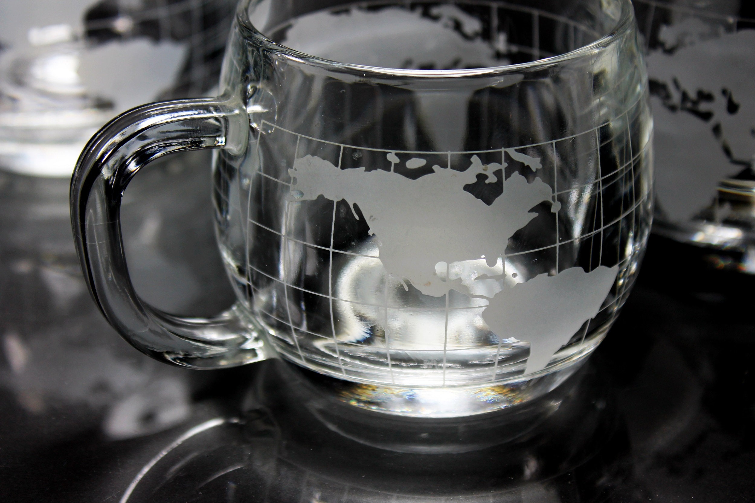 Nestles Nescafe Coffee Cups, World Globe, Set of 4, Clear Glass