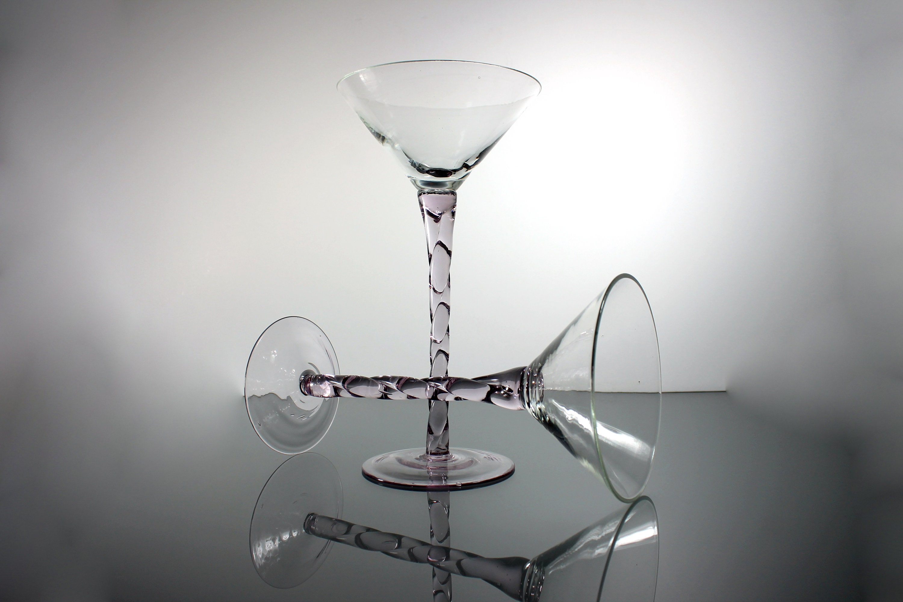 Tall Martini Glasses, Pink Twisted Stem, Set of 2, Handblown, Barware