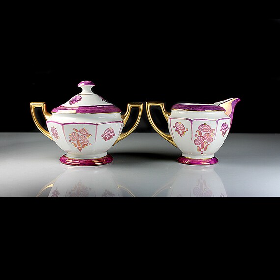 Antique Sugar Bowl and Creamer, PALT Czechoslovakia, Lusterware, Purple Bands and Florals, Gold Trimmed